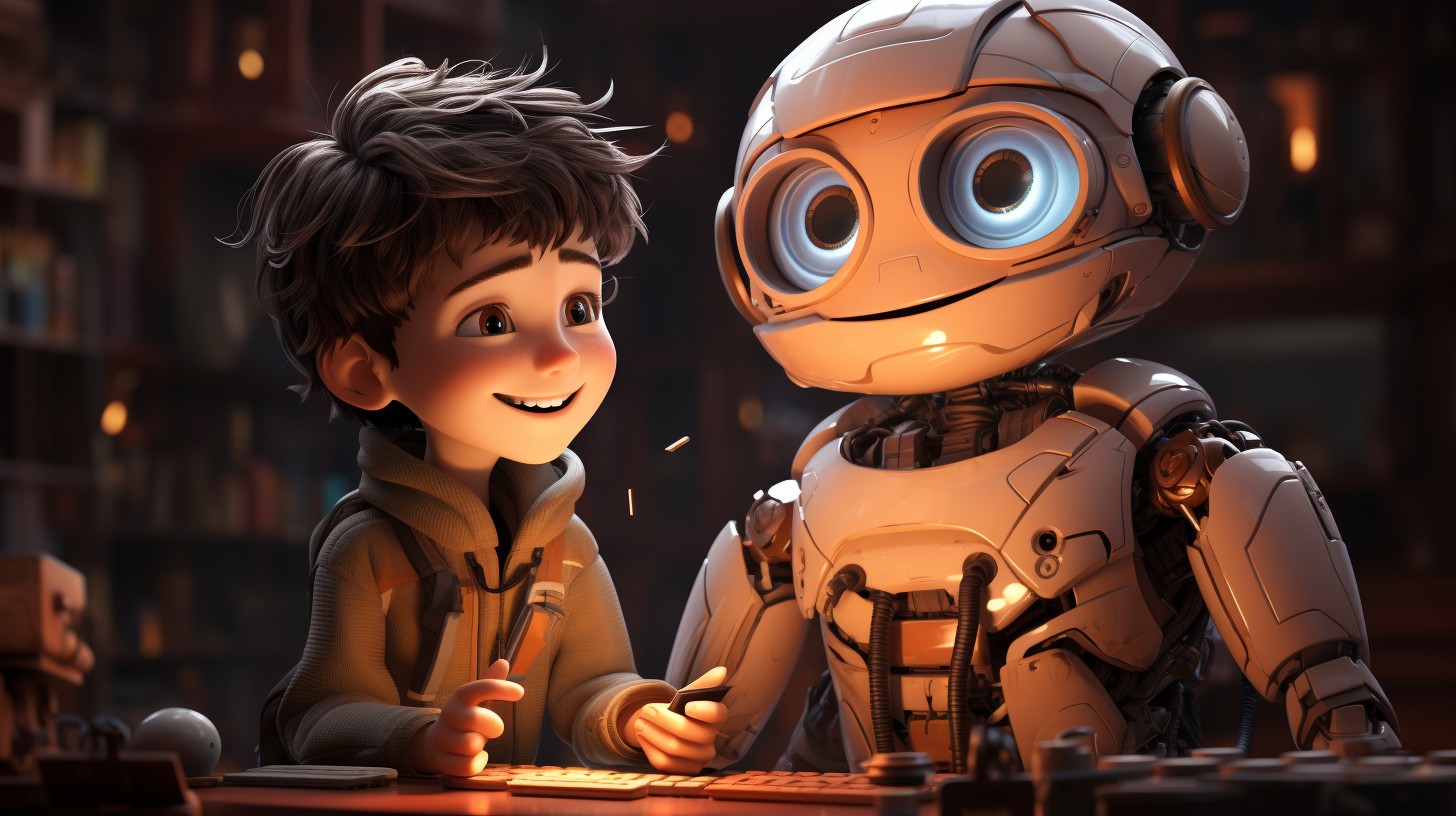 Glad dreng der snakker med en robot