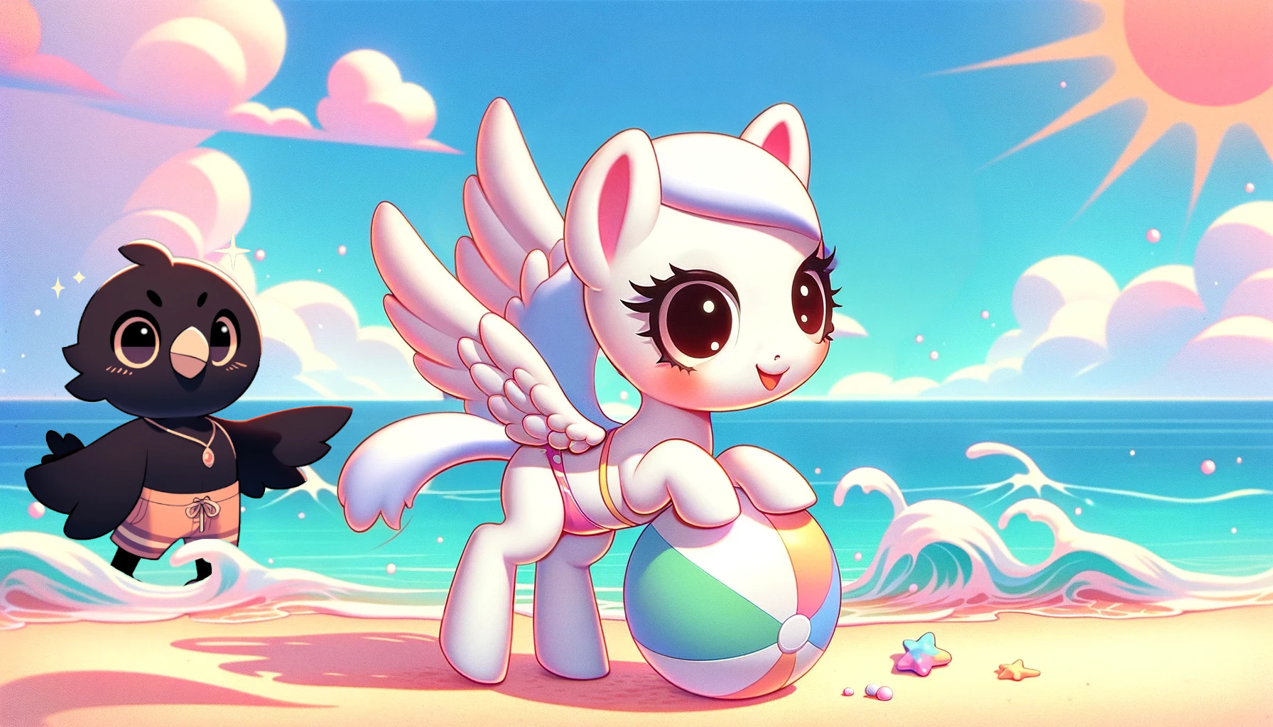 Bright the black Raven and Horsi the Pegasus plays on the beach
